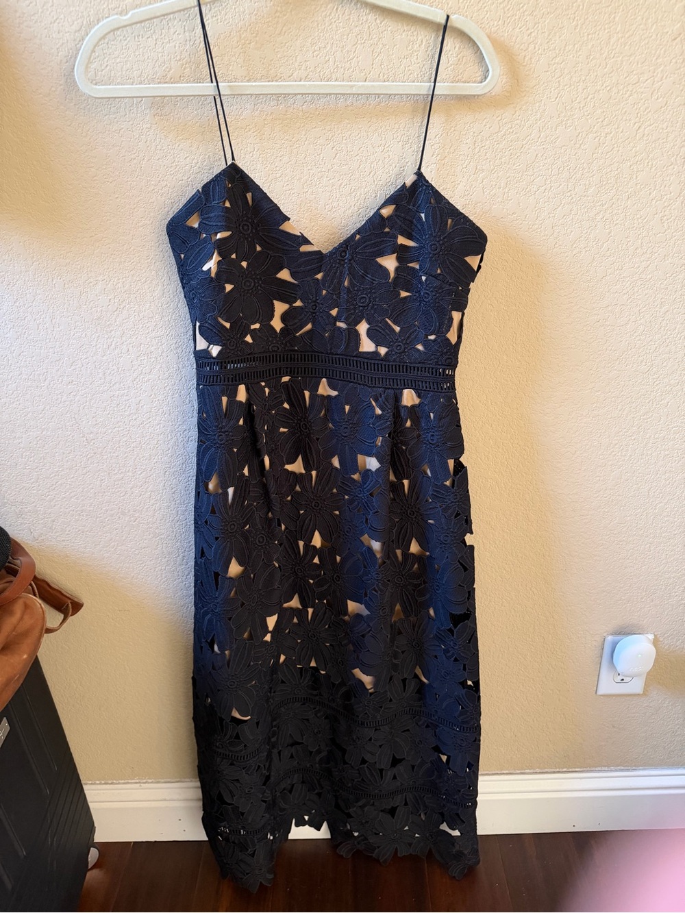 Navy Floral Lace Midi Dress with Spaghetti Straps - WORN TWICE